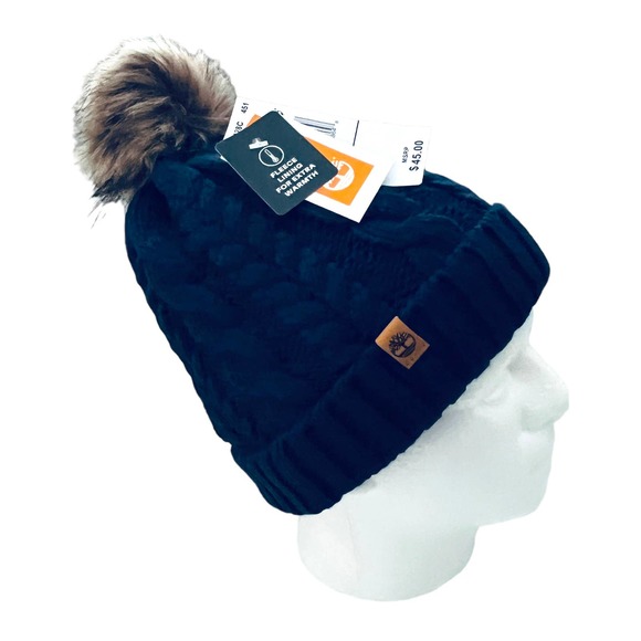 Timberland Accessories - Timberland Autumn Woods Cable Beanie Hat with Faux Fur Pom Navy Blue OS